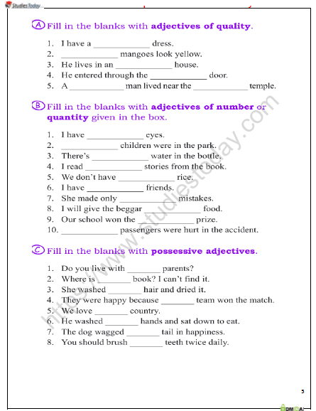 Adjective Worksheet For Class 6 With Answers